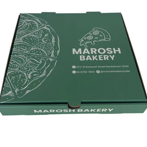 Minimalist Custom Printed Pizza Boxes with Silver Line Art | Marosh Bakery Style Premium Takeout Containers